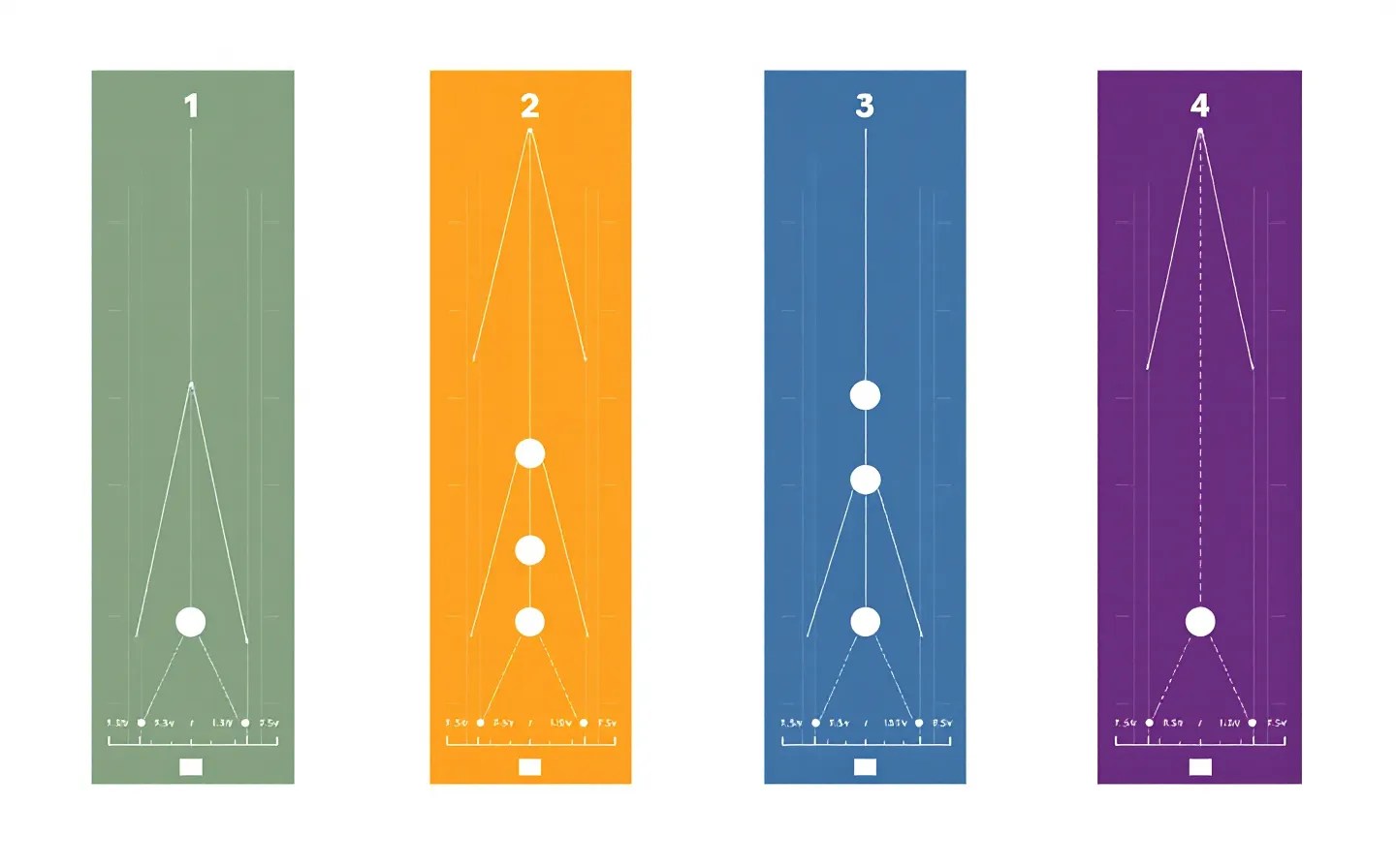 Flat-design infographic showing four parallel colored channels representing the four KLOW component mechanism cascades
